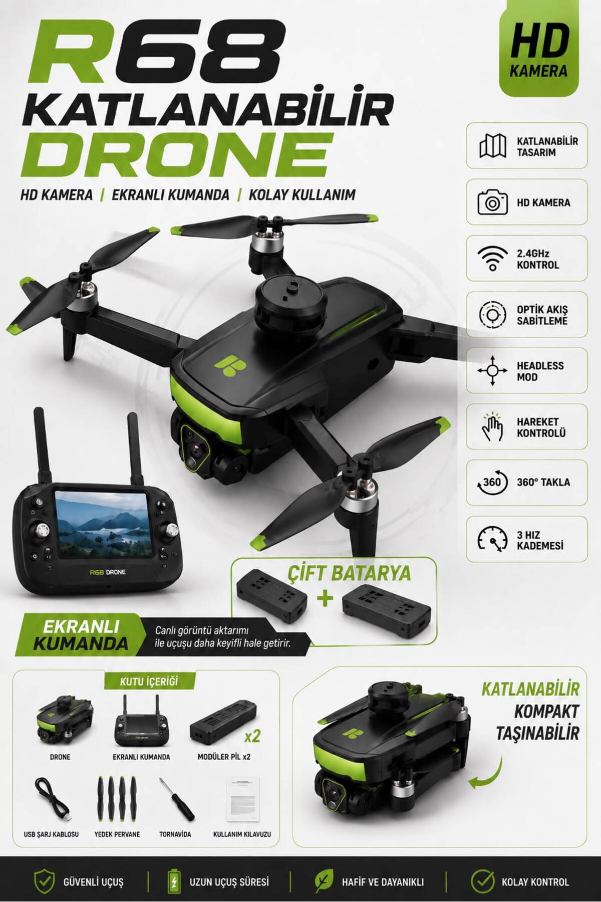 WUNİT R68 Ekranlı Kumanda Drone HD Kamera Çift Batarya Aktif Tüm
