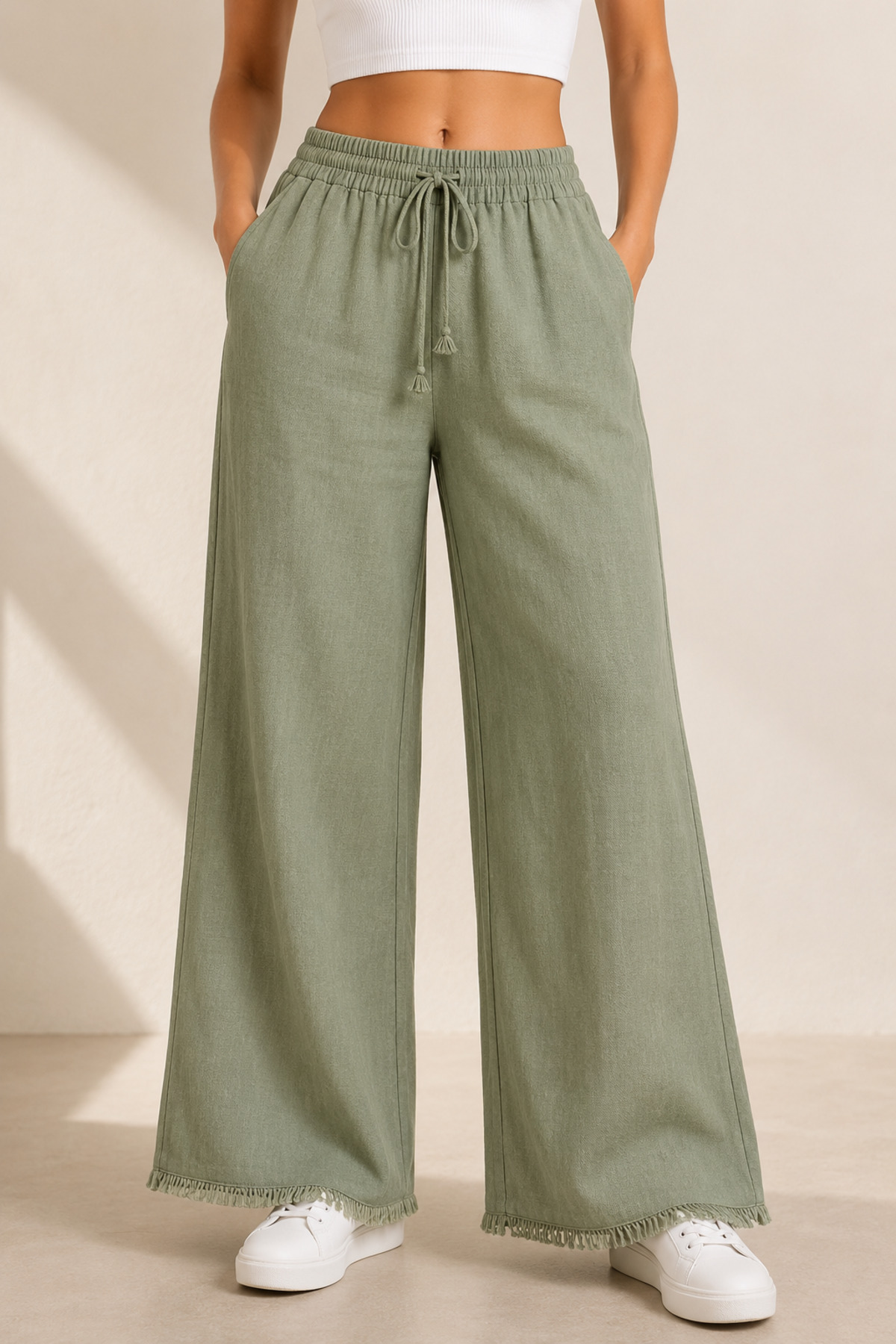 Lighter Jeans Women's Light Khaki Green Linen Wide-Leg Trousers with Elastic Waist, Lace-Up, Pockets, No Show Stitching, Comfortable Cut, Summer Style