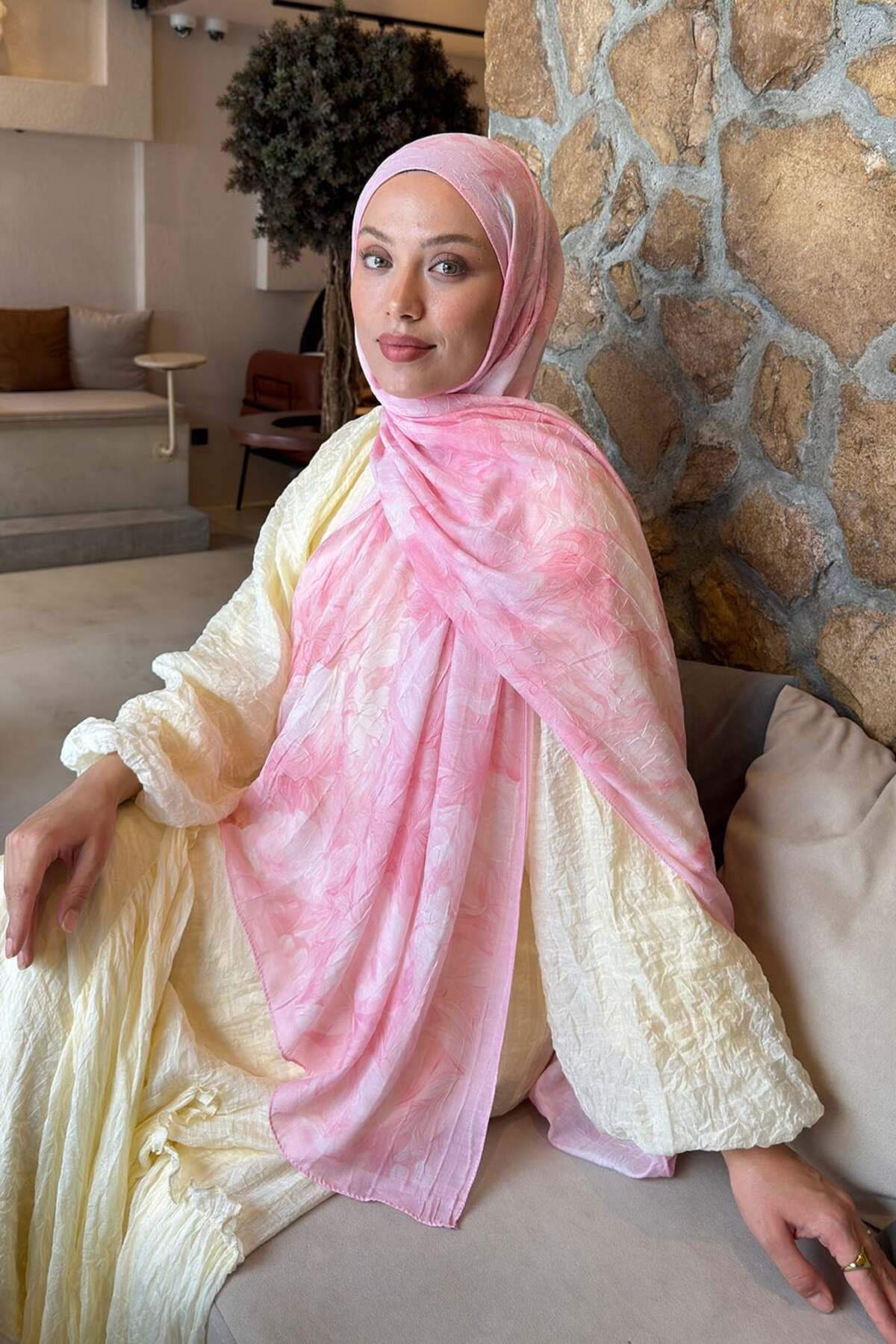 lamelif Vintage Flower Desen Bambu Şal Şeker Pembesi