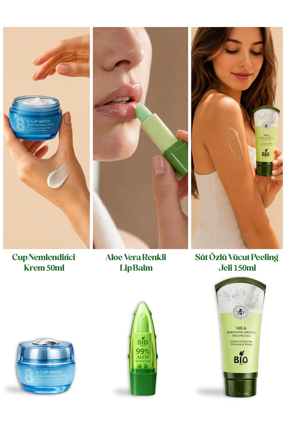 Cilt Bakım Seti 3'lü - 8-Cup Nemlendirici Krem + Süt Peeling Jeli + Pembe Lip Balm — BIO-SET2 — تصویر 5 از 6