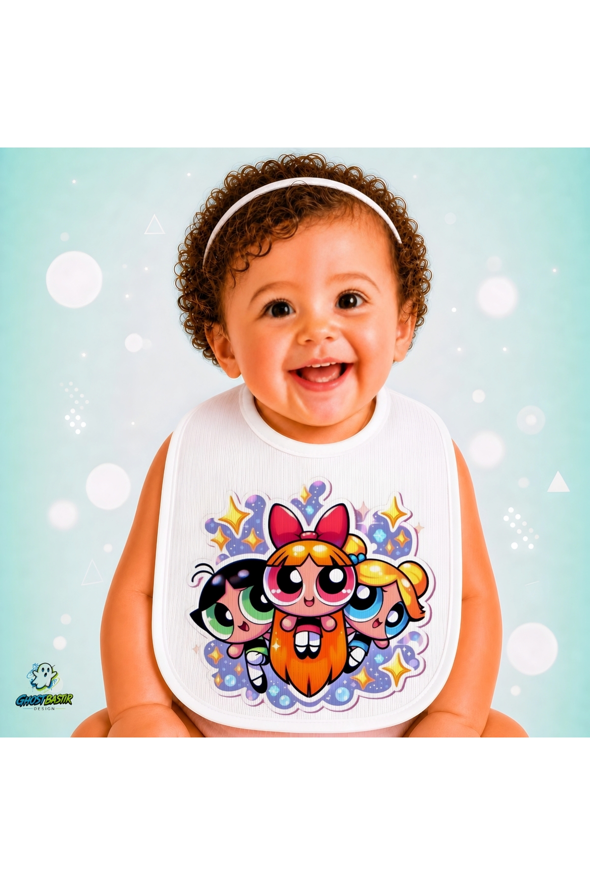 Powerpuff Girls Keten Bebek Mama Önlüğü – Yumuşak, Emici, Yıkanabilir, Özel Tasarım P164