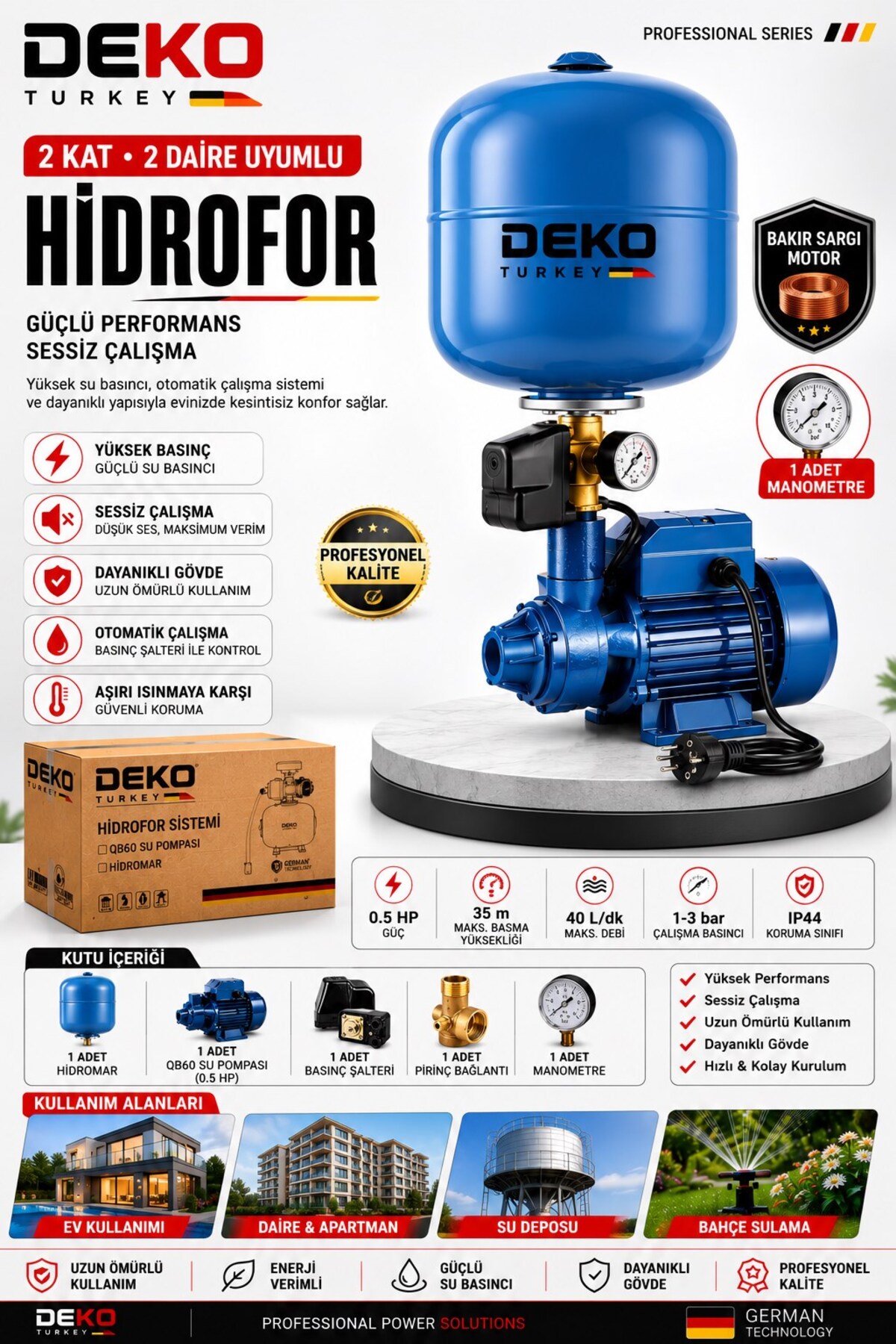 DEKO Turkey 24 LT Tanklı Otomatik Hidrofor – 0.5 HP Bakır Sargılı Su Motoru – 2 Kat 2Daire Basınç Artırıcı Pompa