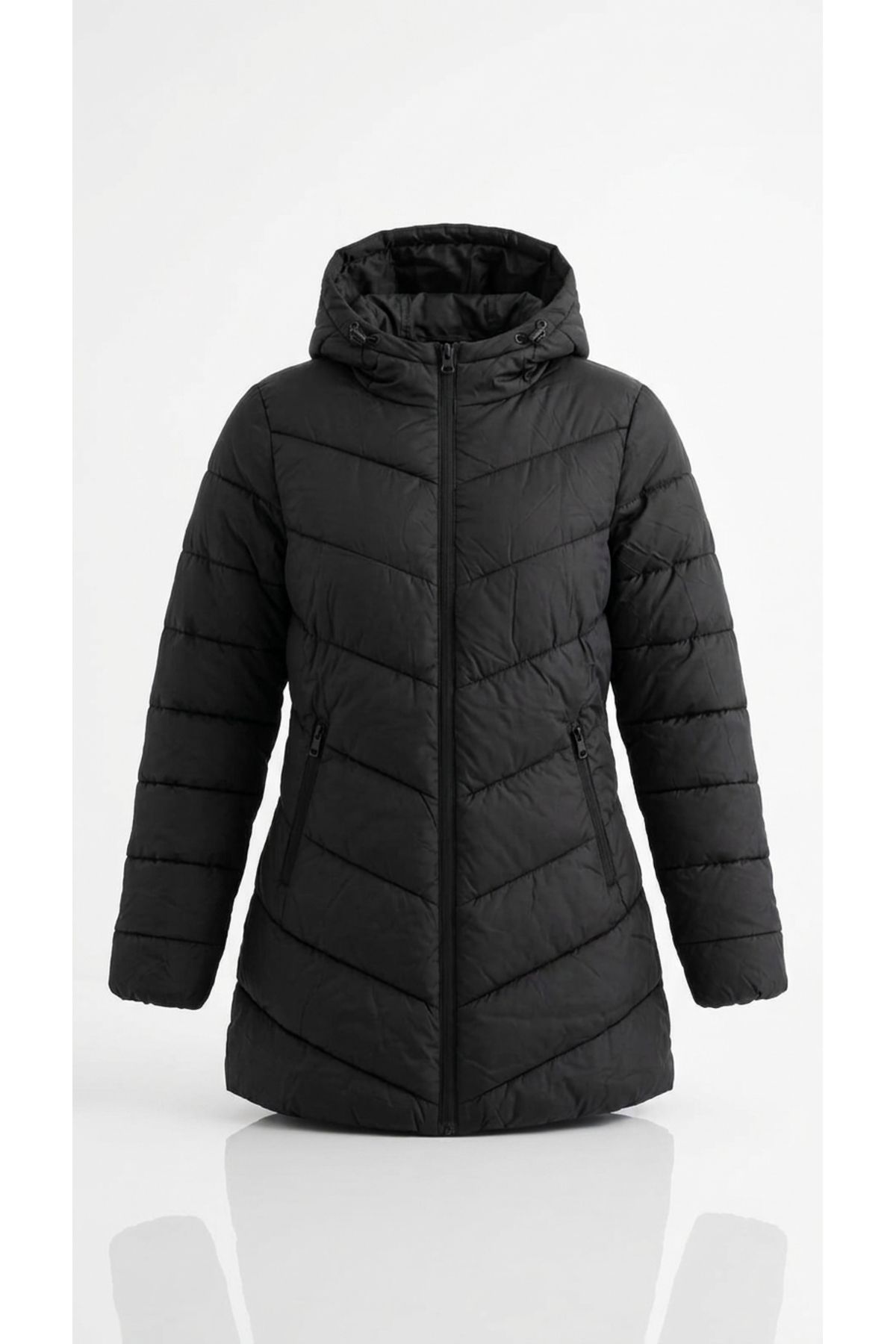 LC Waikiki Kadın Mont Şişme Kapüşonlu Fermuarlı Cepli Balık Sırtı Dikişli Dolgulu Kışlık Puffer Günlük Mont W64342C8 görsel 3