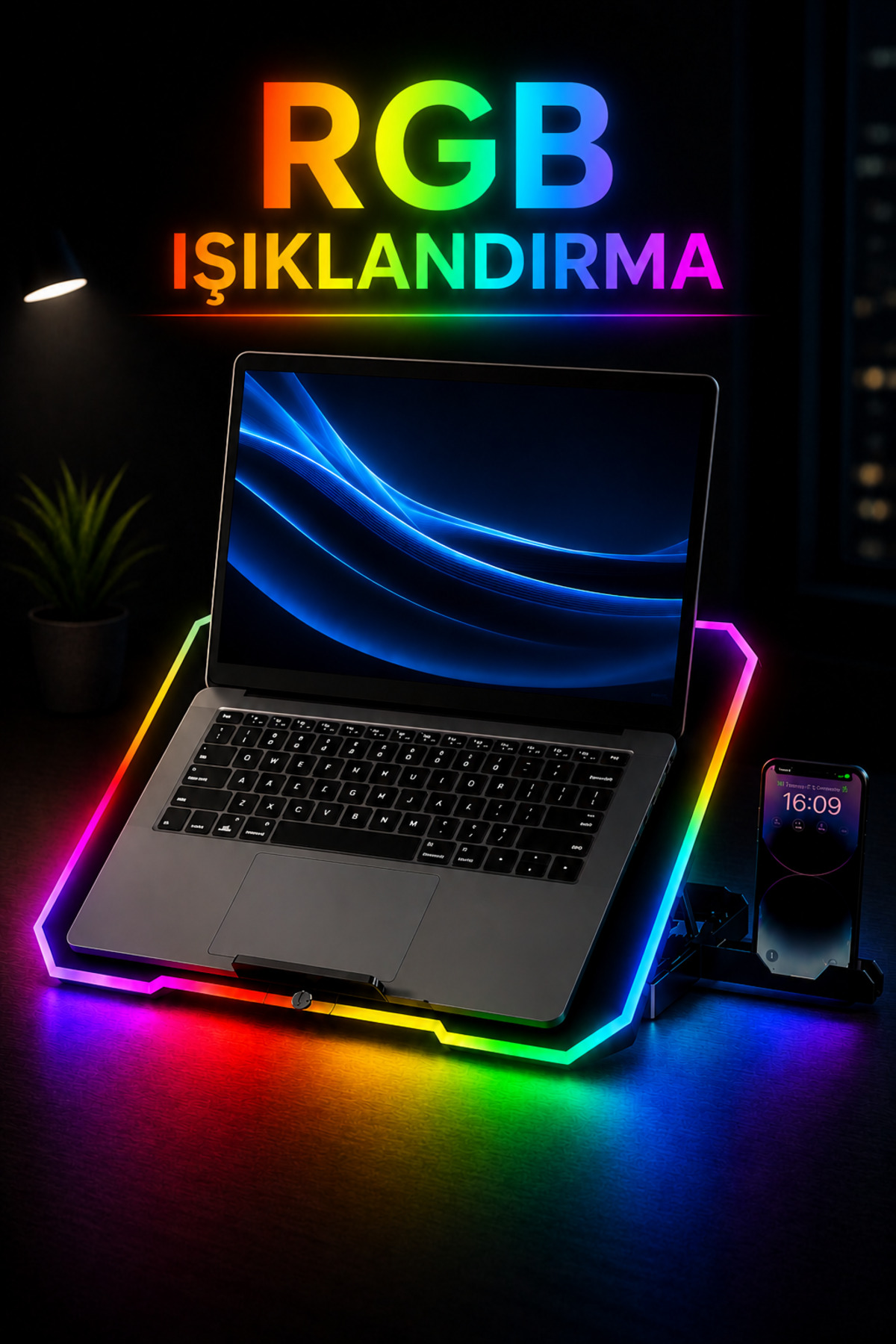 پایه خنک‌کننده لپ‌تاپ RGB با دو فن، قابل تنظیم، خنک‌کننده نوت‌بوک با نگهدارنده گوشی، تغذیه USB، رنگ مشکی
