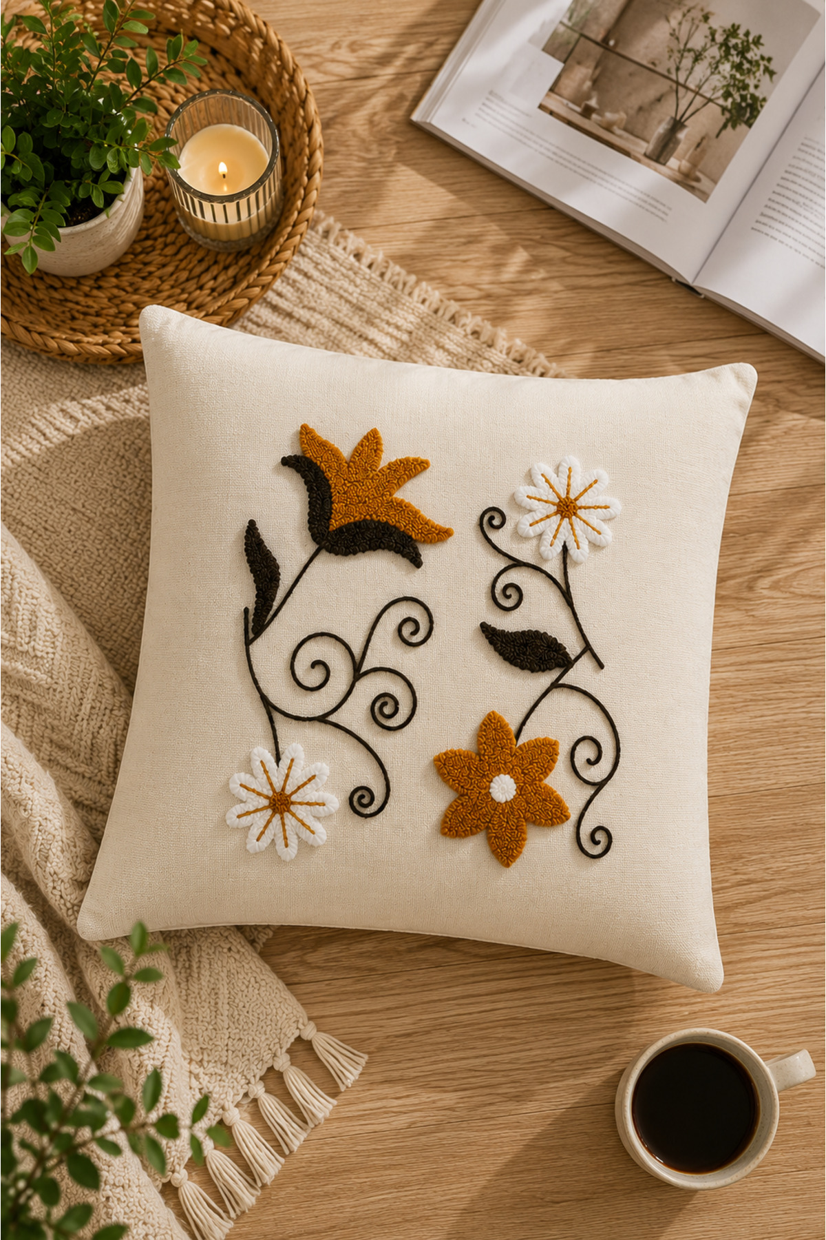 Dekoratif Punch Kırlent Kılıfı Keten Kumaş Gizli Fermuarlı 43x43