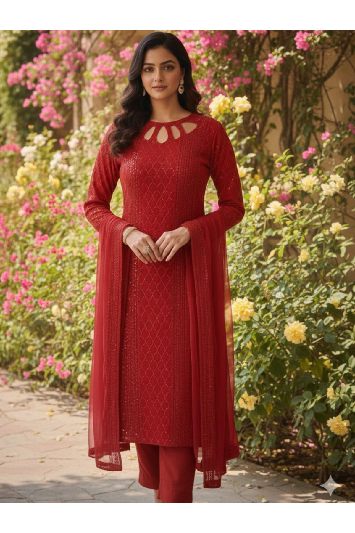 MYSMAR Red Faux Georgette Top Plazzo & Dupatta - HRT7426 -Size:2XL-44-Inches