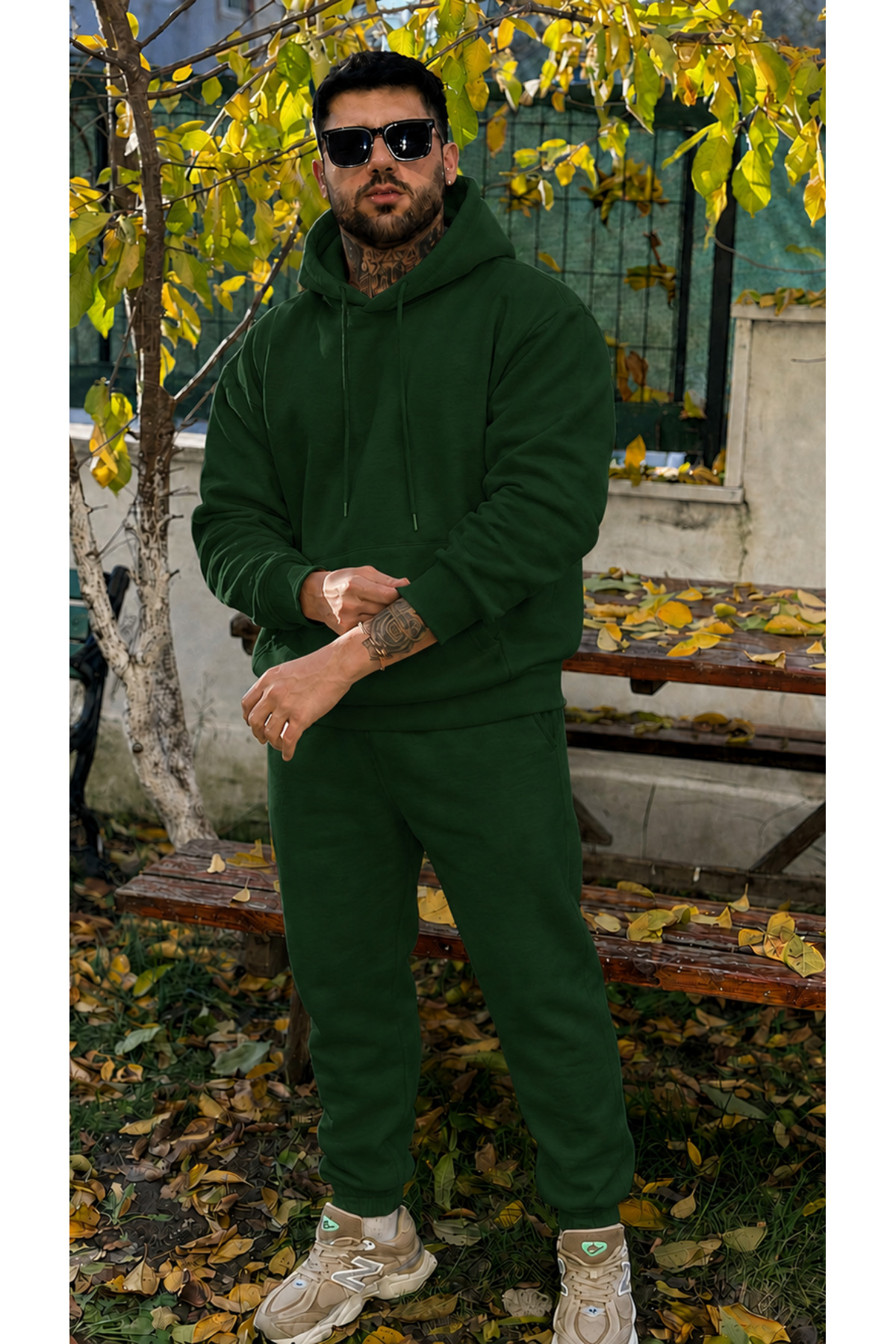 Erkek Kapşonlu 3 İplik Şardonlu Salaş Bol Hoodie Eşofman Takımı — سبز Mstf6027-1 — تصویر 2 از 4