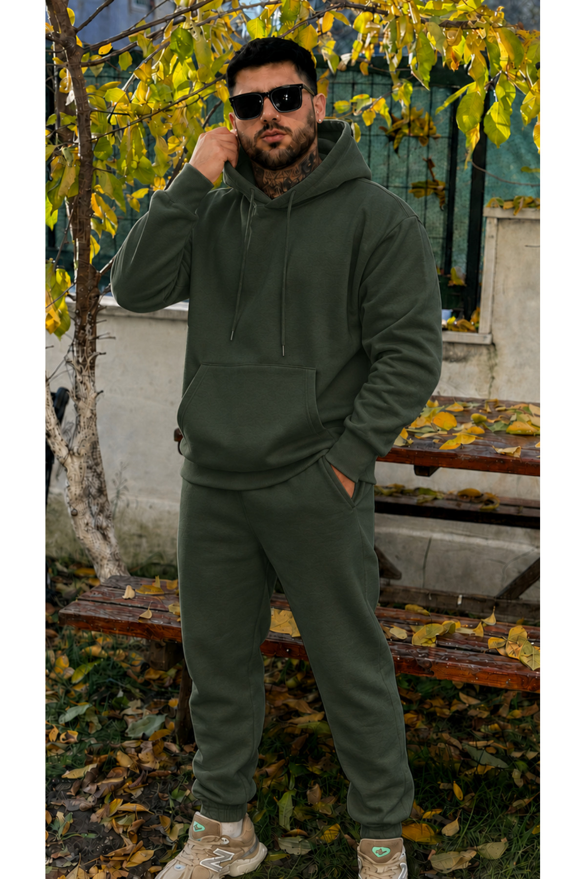 Erkek Kapşonlu 3 İplik Şardonlu Salaş Bol Hoodie Eşofman Takımı — خاکی Mstf6027-1