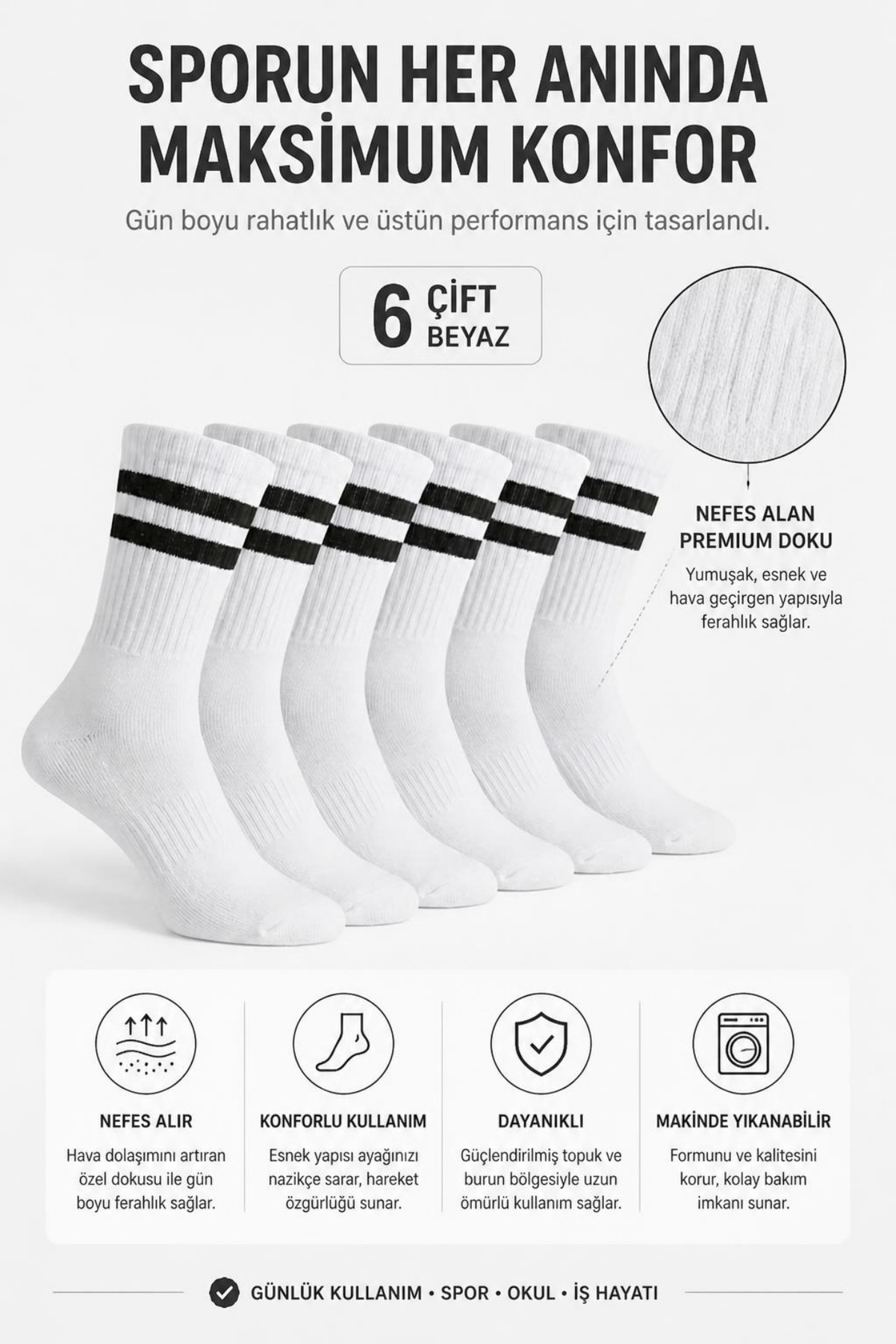 TreBears 6’lı Paket Unisex Beyaz ve Siyah Çizgili Spor Tenis Çorap Seti, Nefes Alabilir Pamuklu Doku, Güçlendirilmiş Topuk & Burun, Düz Kolej Çorabı