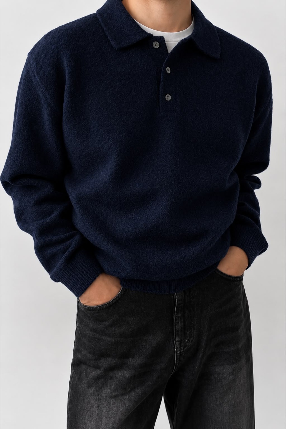 SERABLANKA Erkek Polo Yaka Oversize Triko Kazak, Rahat Kalıp görsel 2