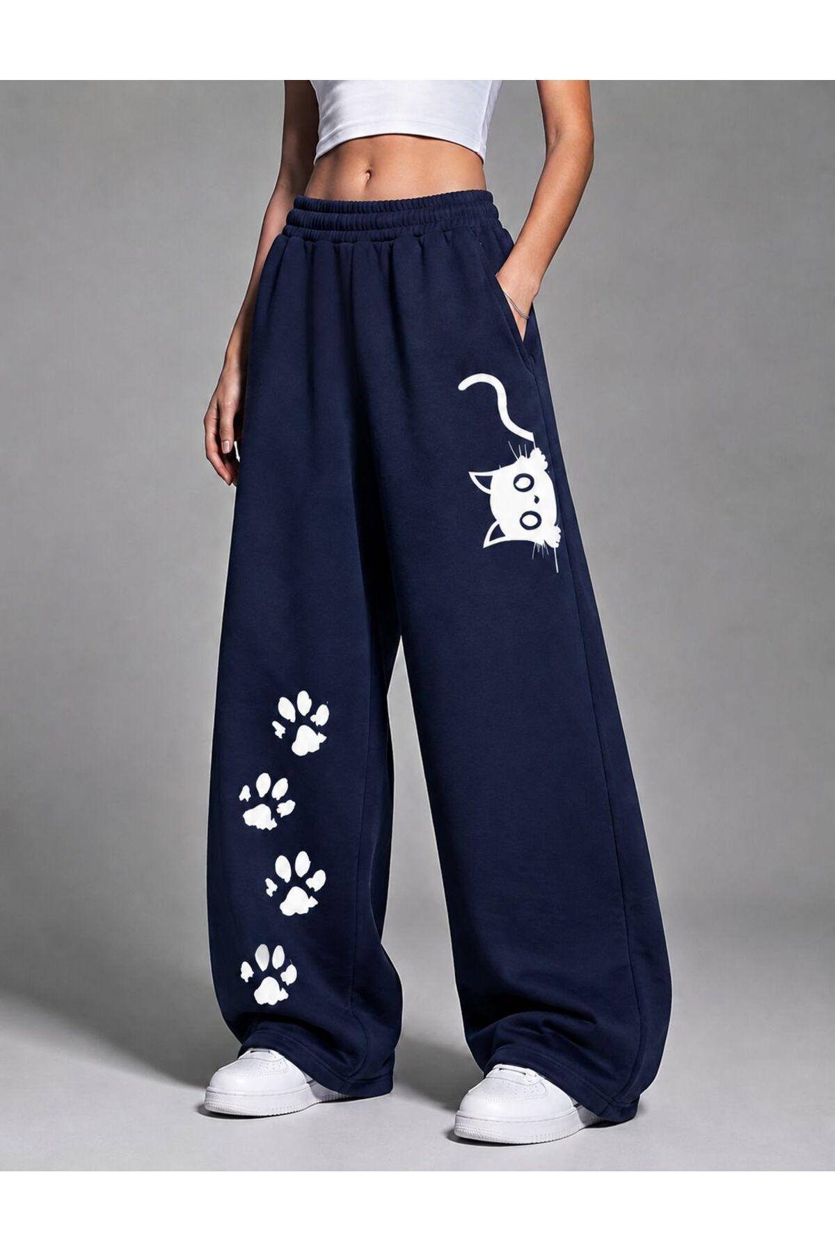 ZAVIXO Kadın Yüksek Bel Geniş Paça Pantolon Kedi Pati Baskılı Bol Kesim Günlük Pantolon