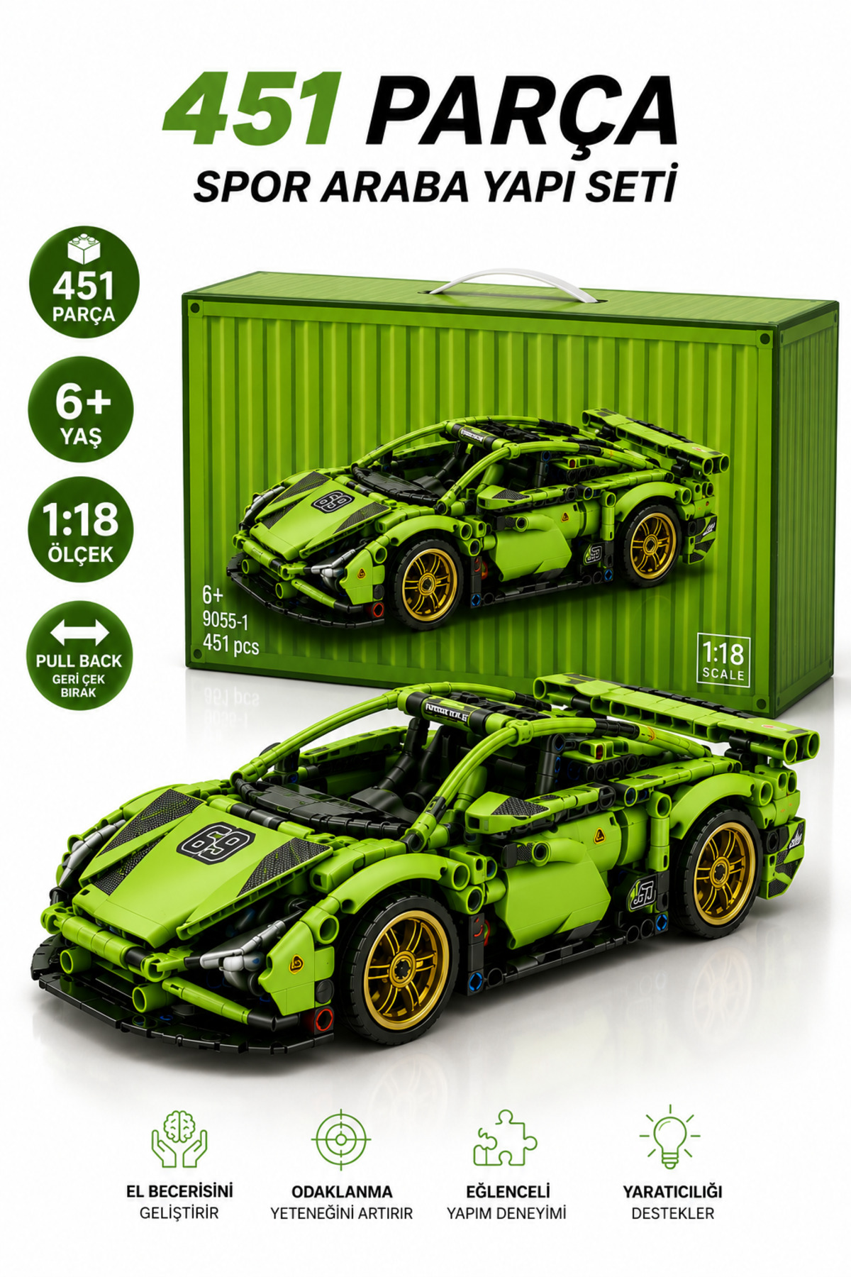 ZİVENTA 451 Parça Spor Araba Yapı Seti 1:18 Ölçek Pull Back Geri