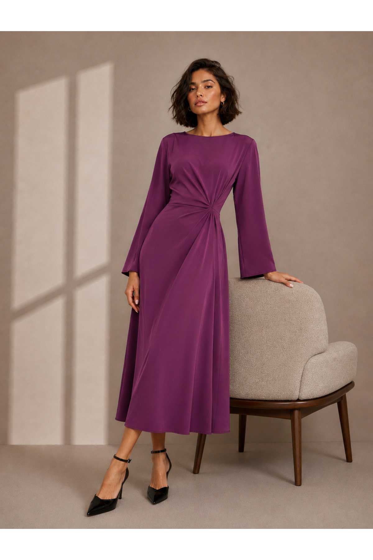 Styli Magenta Solid Gathered Detail A-Line Maxi Dress