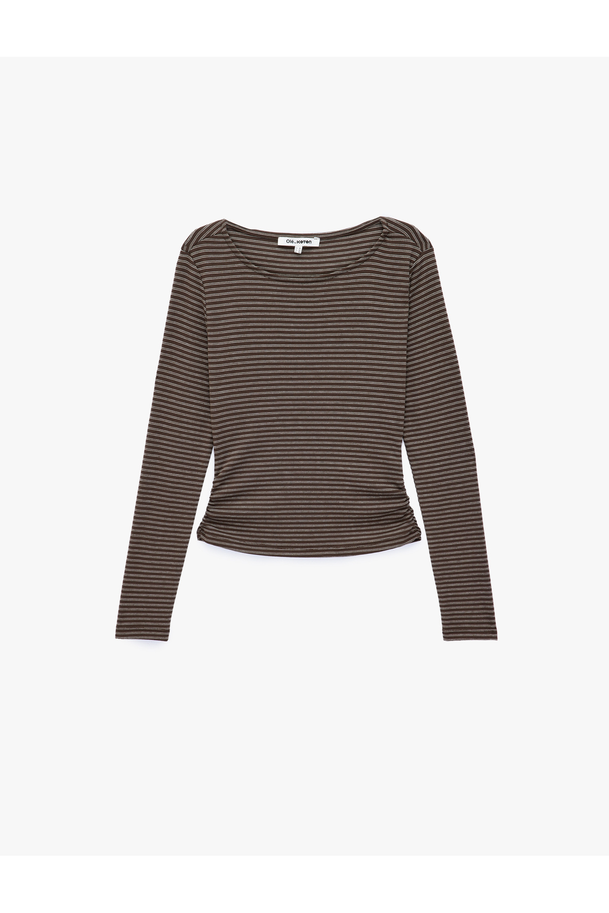 Koton Cotton Slim Fit Gathered Boat Neck Long Sleeve Striped T-Shirt