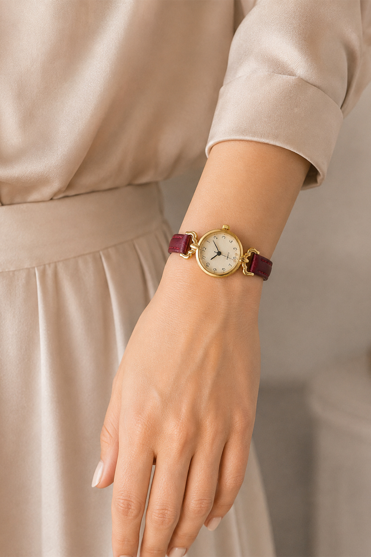 GANYMET Boffy Vintage Minimalist Bordo Deri Kordon Kadın Kol Saati - Gold Detaylı Şık Tasarım Kadın Saat görsel 6