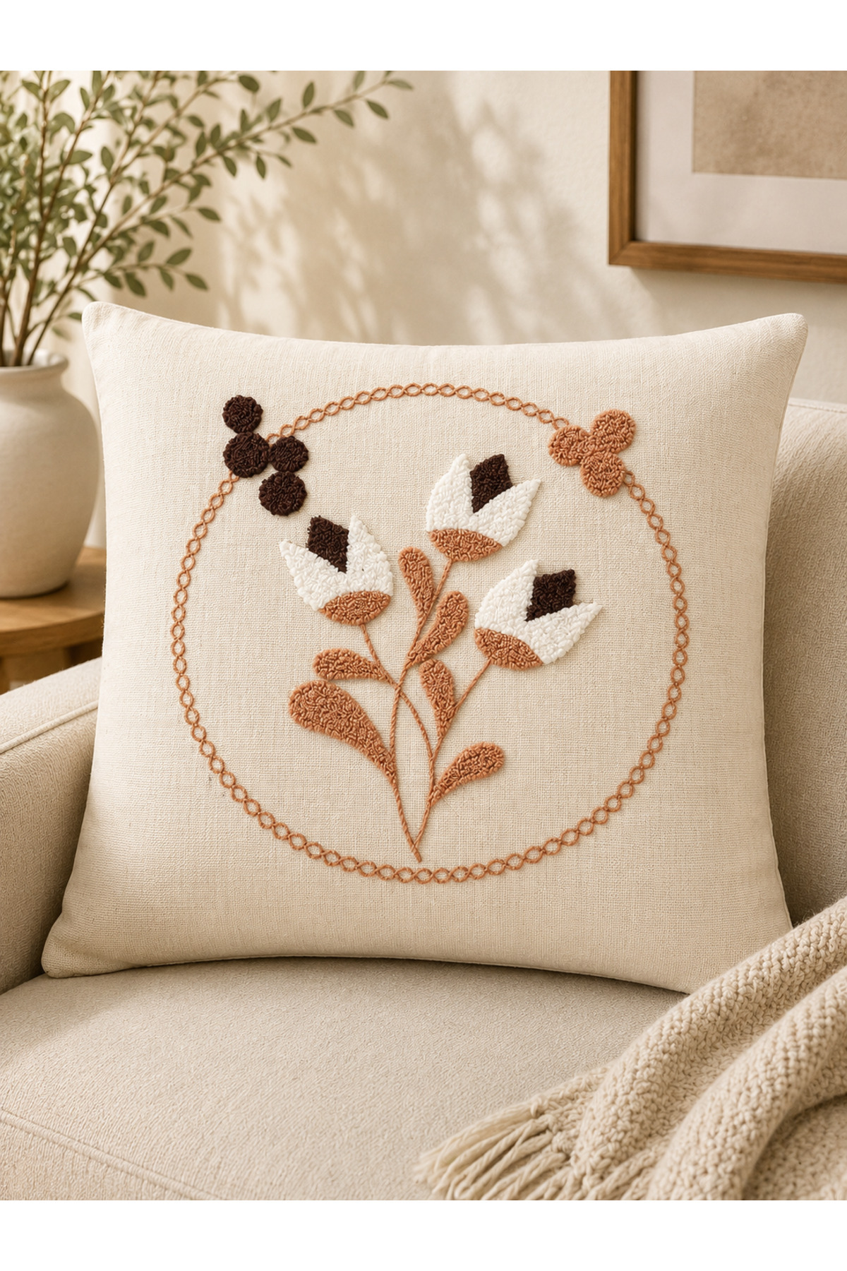 4’lü Punch Kırlent Kılıfı Seti – Aynı Renk ve Desen – Dekoratif Keten Kırlent 43x43 cm
