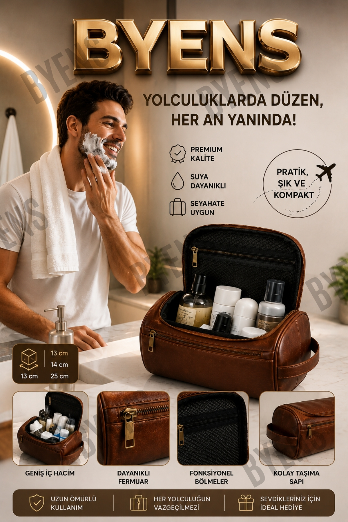 BYENS Erkek Deri El Çantası Cüzdan Spor Çanta Büyük Küçük Boy Portföy Çantaları Seyahat Traş Makyaj Günlük Modelleri Taba Renk görsel 5