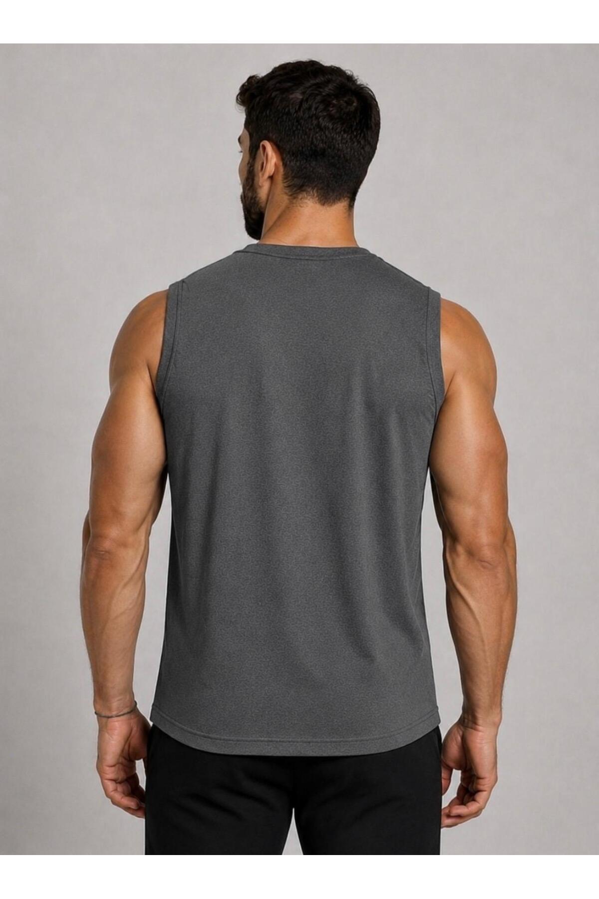 AXXEL Erkek Koyu Gri Melanj Bisiklet Yaka Kolsuz T-shirt-d690 görsel 3