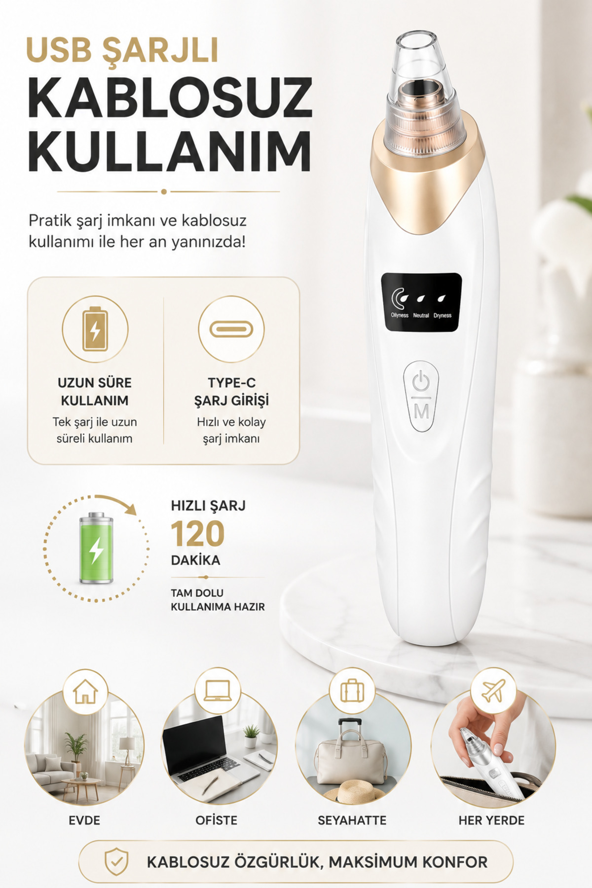 Auhma AHB01 Vakumlu Siyah Nokta Temizleme Cihazı – 3 Kademeli Emiş Gücü, 5 Farklı Başlık, USB Şarjlı Kablosuz Gözenek Temizleyici, Yağ ve Kir Temizleme, Yüz Cilt Bakım Cihazı — سفید ROBEVEAHB01 — تصویر 5 از 8