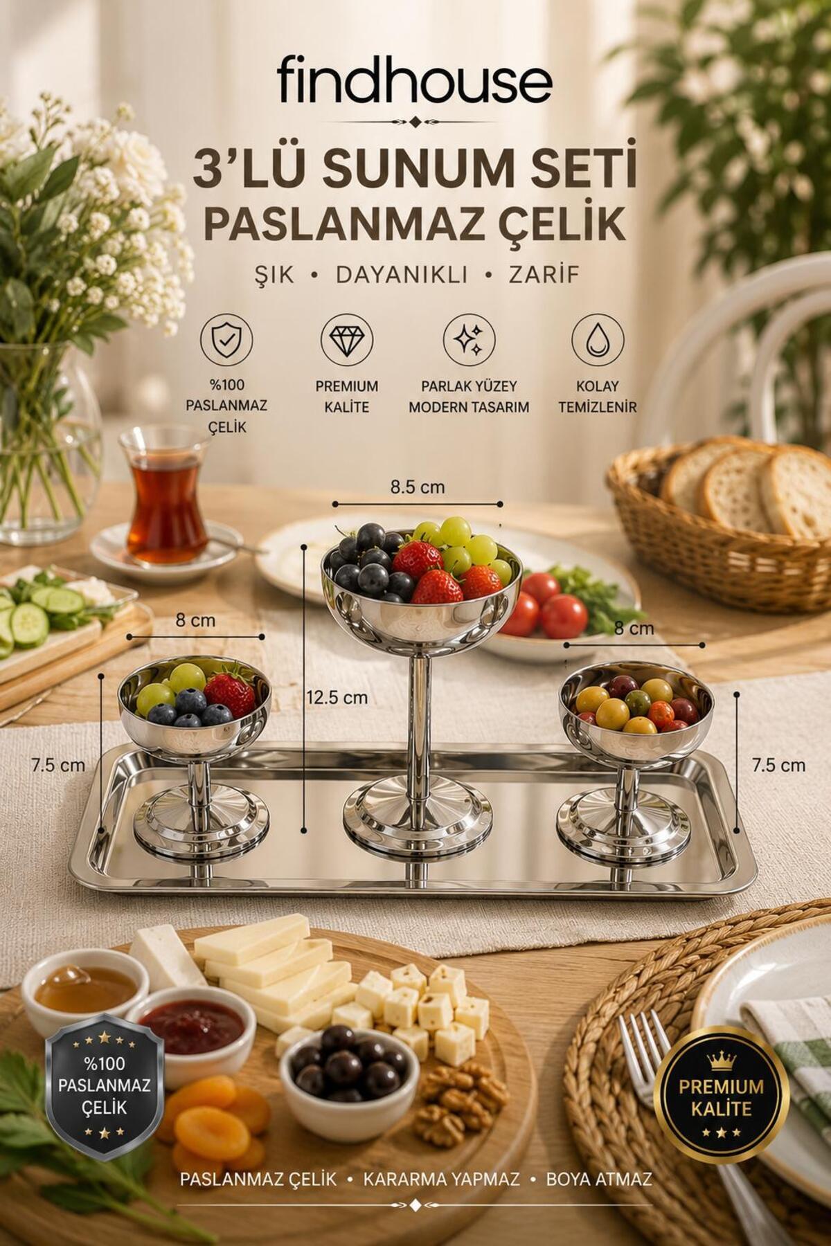 findhouse 304 Paslanmaz Çelik Lüks 4lü Sunum Kase Seti Çeyizlik