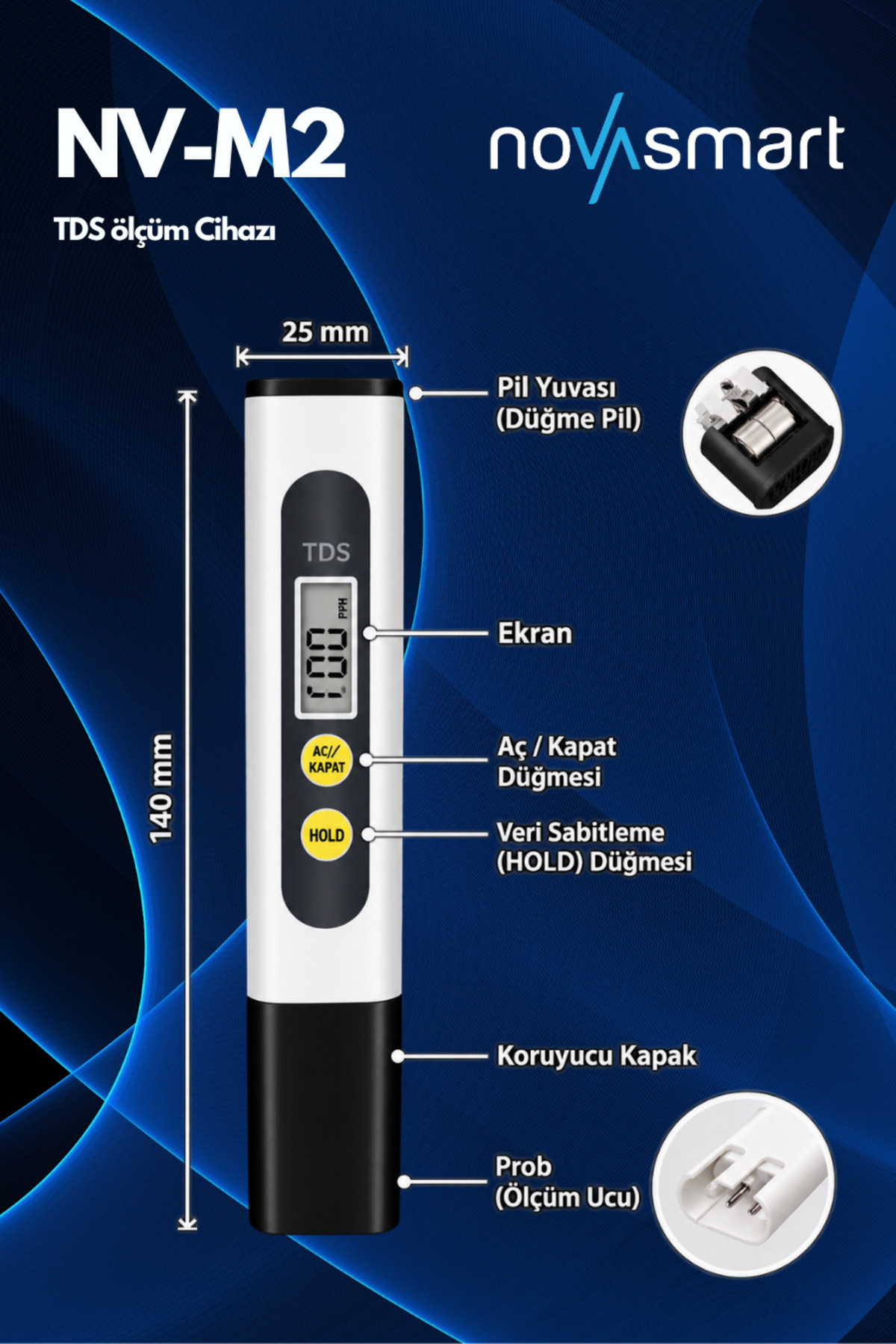 NV-TDSM2 متر دیجیتال TDS – دستگاه اندازه‌گیری کیفیت آب ۰–۹۹۰ ppm
