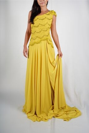 Couture, Tek Kol, Sarı, Pul, Dantel Işlemeli Uzun Abiye Elbise C2020665