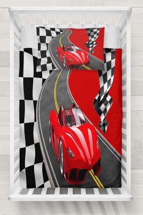 Osso Kırmızı Yarış Arabalı Bayraklı Yol 3d Desenli Bebek Nevresim Takımı ossobebenevims65
