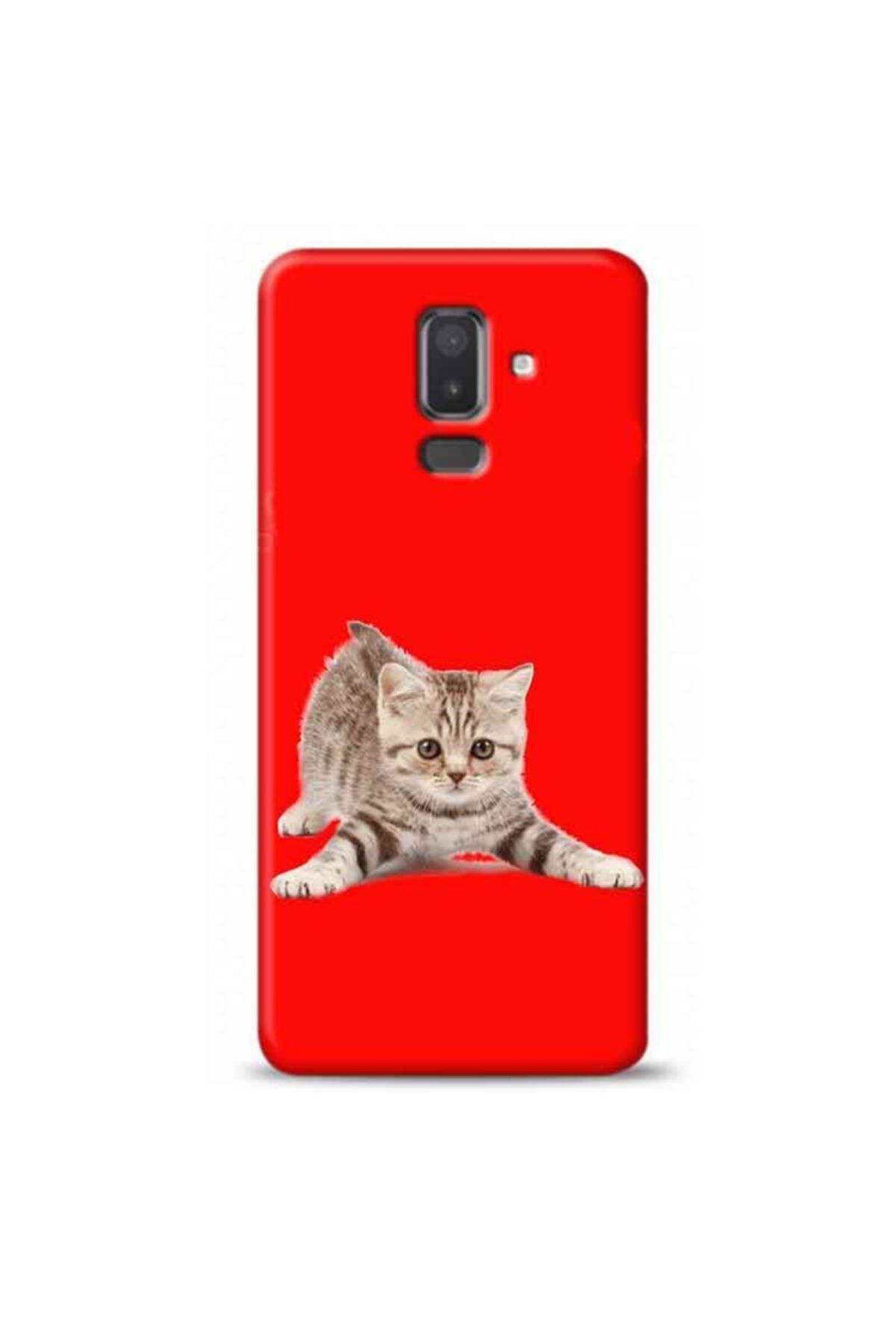Kılıf Madeni Samsung J8 J8 2018 Kedi Kırmızı Tasarımlı Telefon Kılıfı Y