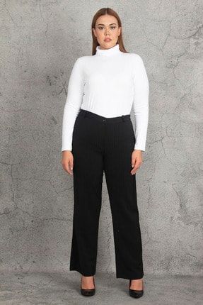 Kadın Siyah Kendinden Çizgili Klasik Pantolon 65N19879