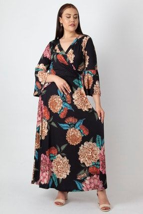 Kadın Renkli Anvelop Yaka Kolu Volan Detaylı Çiçek Desenli Uzun Elbise 65N19574