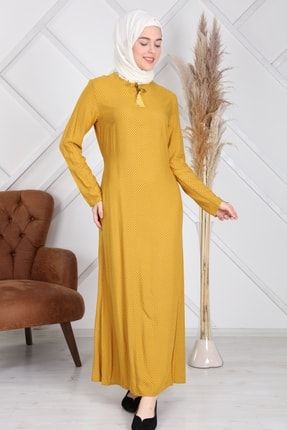 Kadın Sarı Pamuk Viskon Puantiyeli Tesettür Elbise ES401