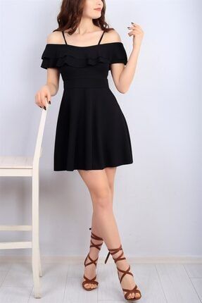Kadın Esnek Krep Kumaş Yakası Iki Kat Volanlı Askı Detaylı Siyah Mezuniyet Elbisesi MC1-EMR-014-3