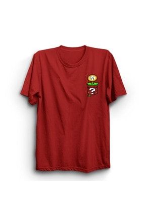 Unisex Kırmızı Super Mario Çiçeği Cep Baskılı T-shirt TTS6579008