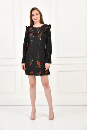 Kadın Siyah Yuvarlak Yakalı Önü Fırfırlı Kolu Lastikli Çiçek Desenli Örme Krep Elbise CYL 2704
