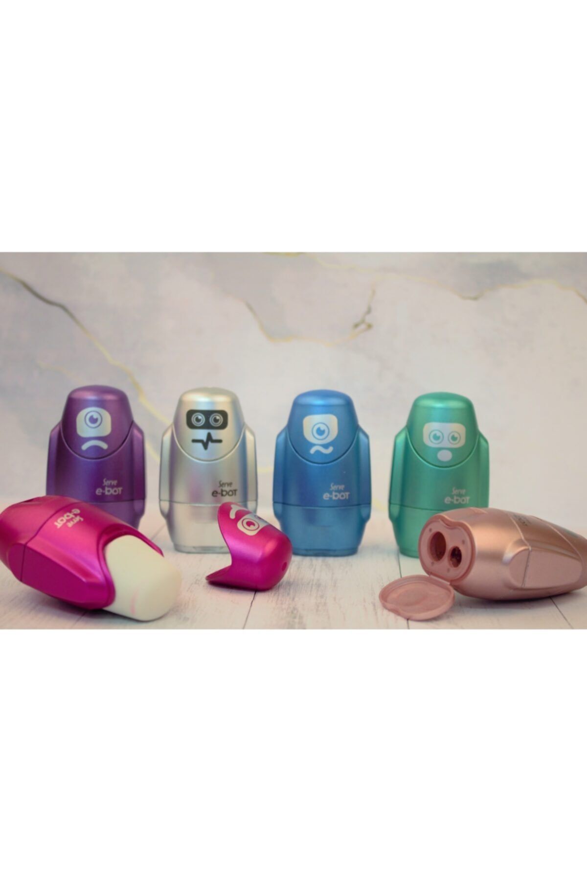Serve-E-bot Pencil Sharpener with Eraser - Metallic Colors - Set of 4 3