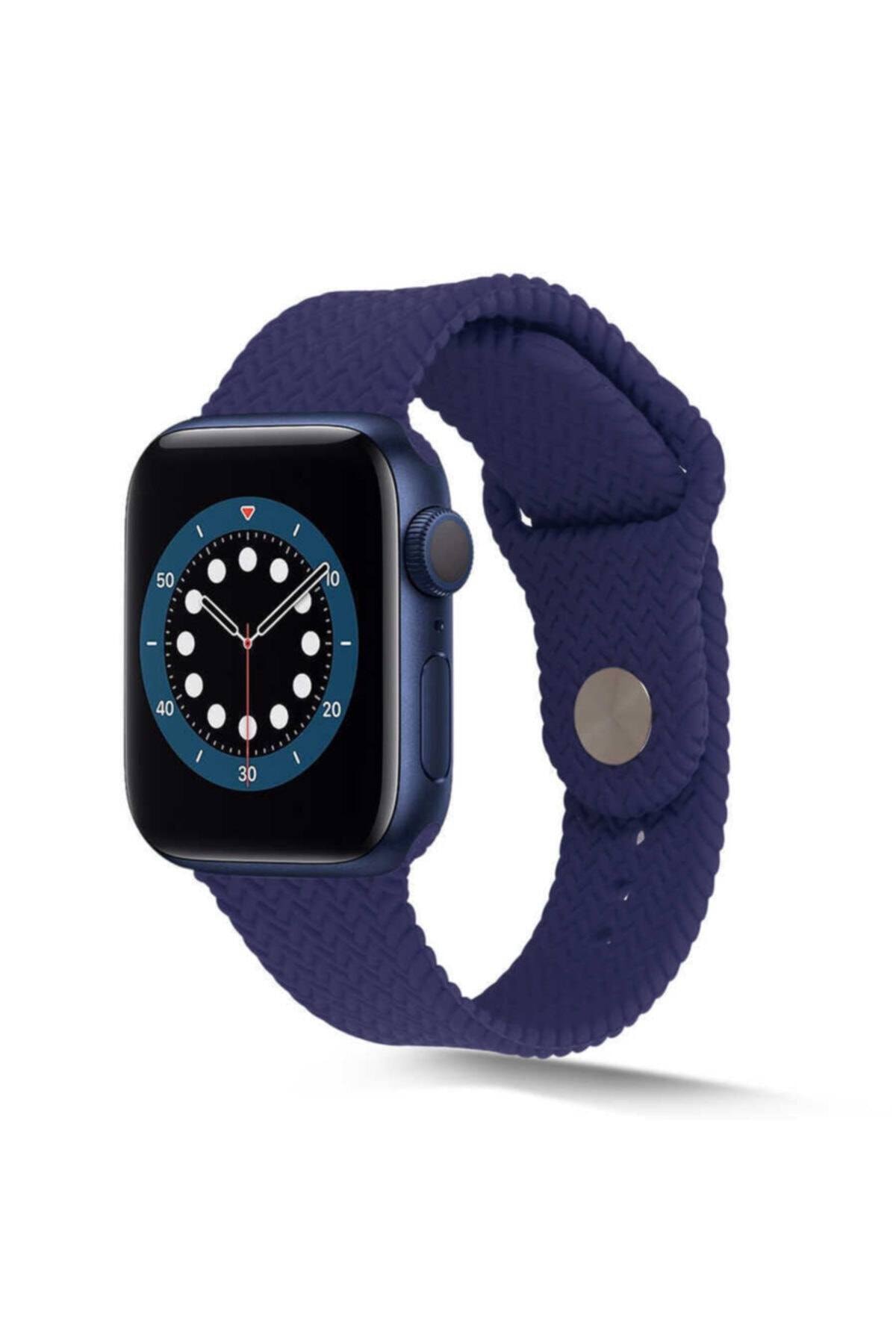 Apple Watch 44mm Hasır Örgü Silikon Kordon - Lacivert