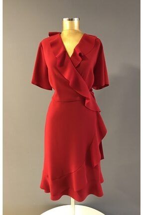 Kadın Kruvaze Yaka Astarlı Volanlı Kısa Kol Krep Elbise Kırmızı Trendabiye K:44117 PROTO 44117