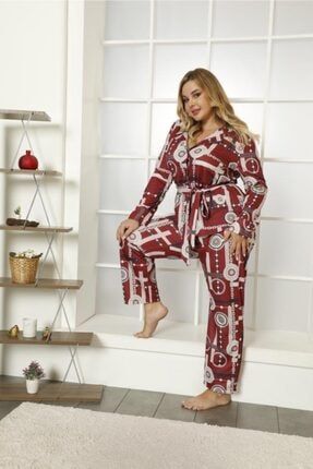 Donna Liberta Düğmeli Kuşaklı Likralı Desenli Pijama Takımı 206
