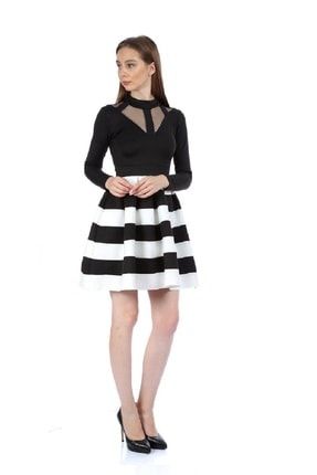 Kadın Siyah Dalgıç Kumaş Yaka Tül Detaylı Kiloş Etekli Yeni Sezon Mini Elbise Nkt-gsp-2308 NKT-GSP-2308