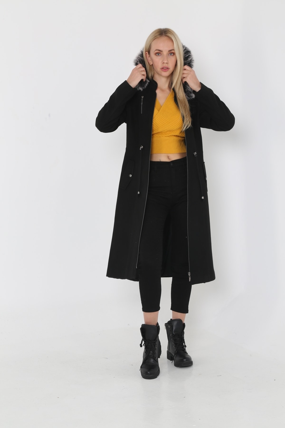 KMKkombin Kadın Kaşmir Kaşe Kapşonlu Kürklü Kaban Mont