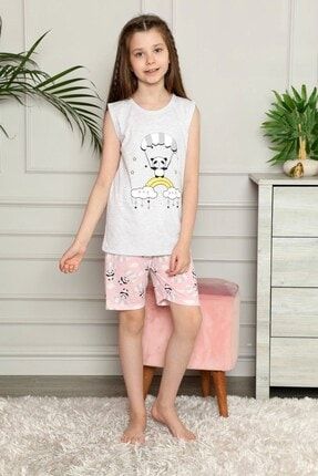 Kız Çocuk 9081 Desenli Sıfır Kol Şortlu Pijama Takımı Gri