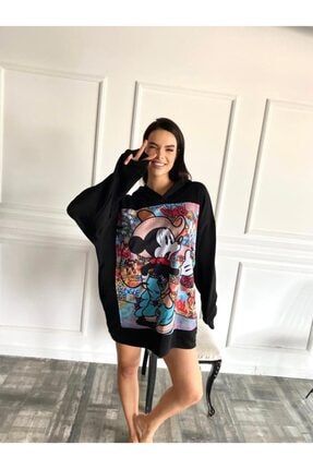Siyah Baskılı Uzun Oversize Sweatshirt MeisMicky044