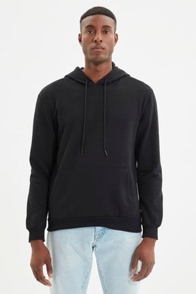 Siyah Erkek Kapüşonlu Regular Fit İçi Yumuşak Tüylü Sweatshirt TMNAW21SW1207