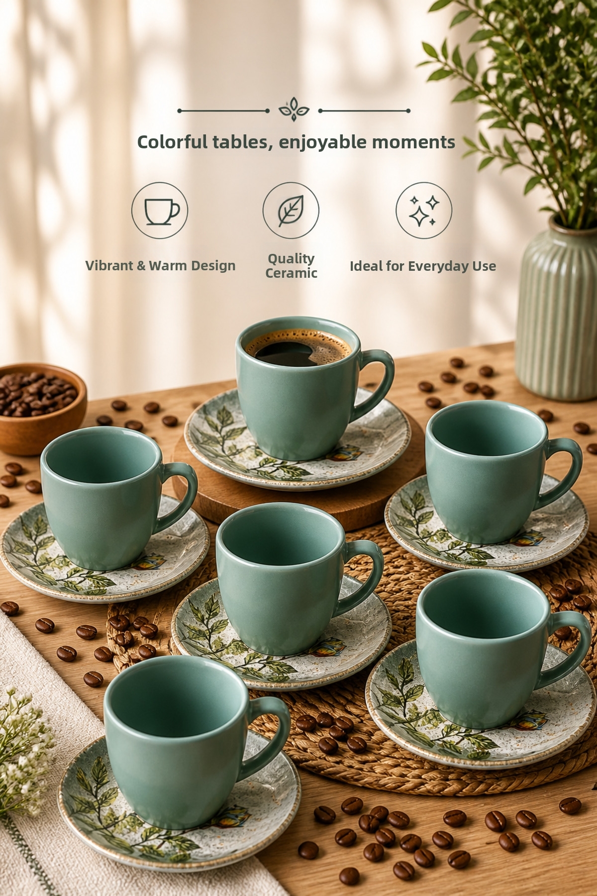 Karçiçeği Home 6-Piece Green Keramika Turkish Coffee Cup Set – Natural Design Coffee Set with Leaf Patterned Saucers