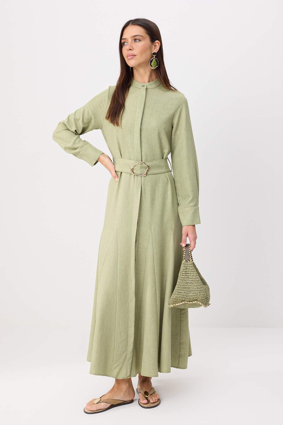 Trendyol Modest Green Gold Accessory Belted Skirt with Open Waist Maxi Belted Woven Hijab Dress Tctss26Eb00128