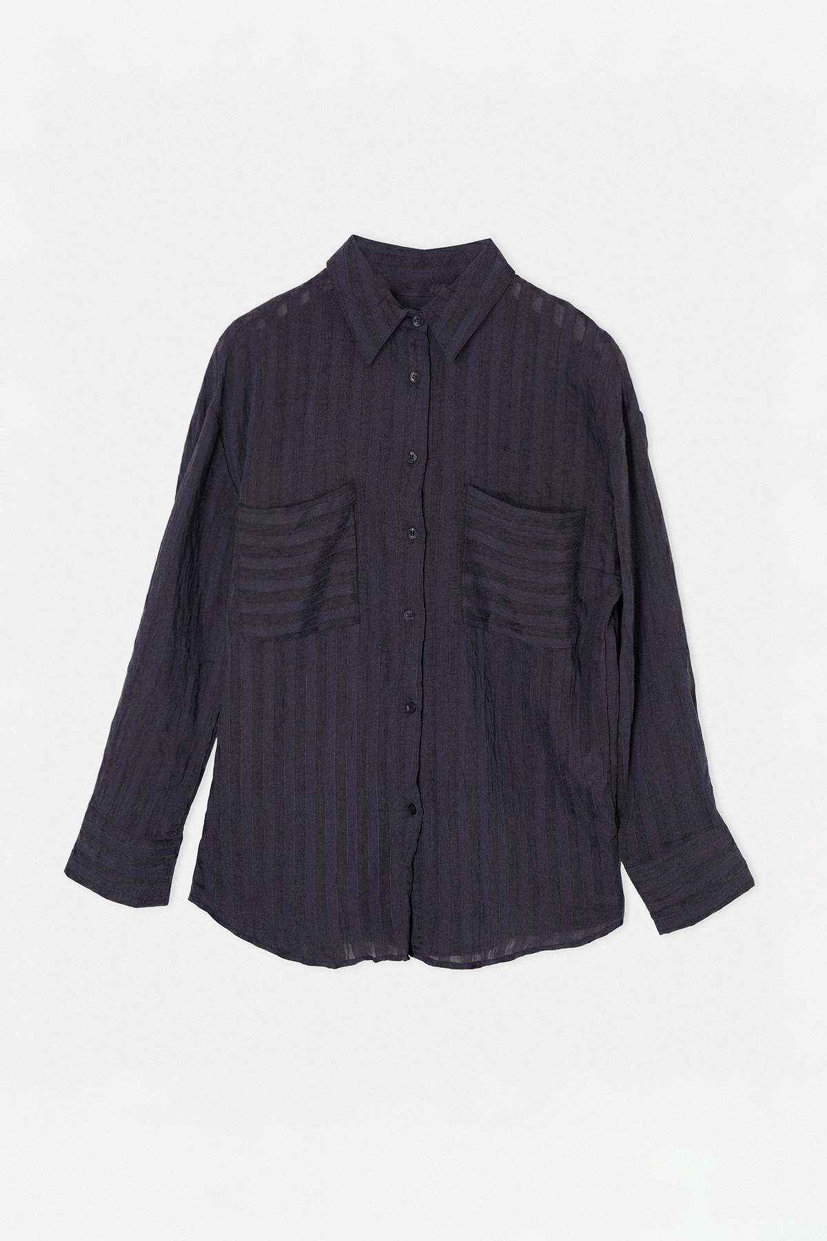 Drop by Trendyolmilla Lacivert Çift Cepli Oversize Dikine Çizgili Gömlek TDRSS26GO00112