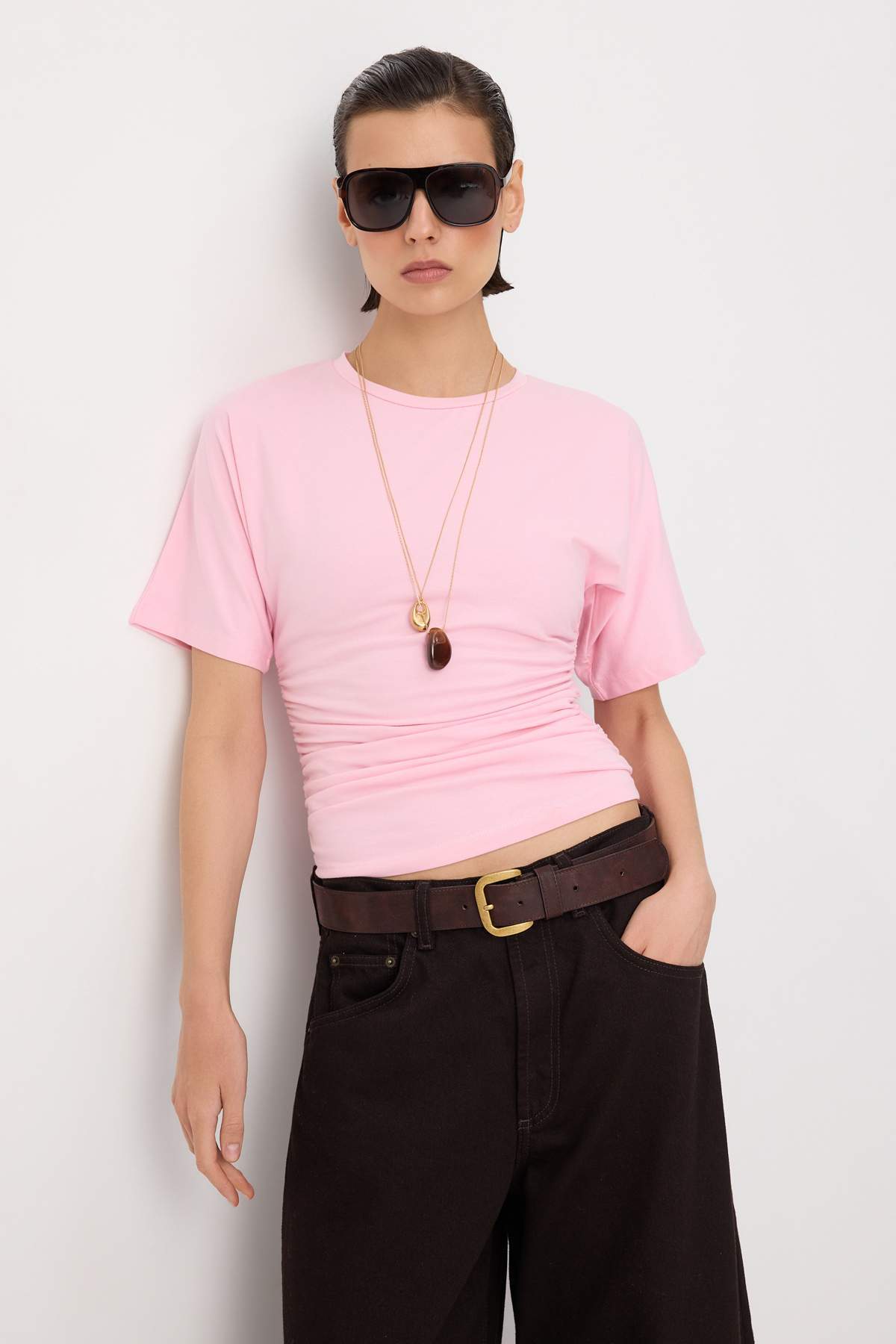 Trendyol Collection Light Pink Fitted Crew Neck Short Drawstring Cotton Stretch Knitted T-Shirt Twoss26Ts00052