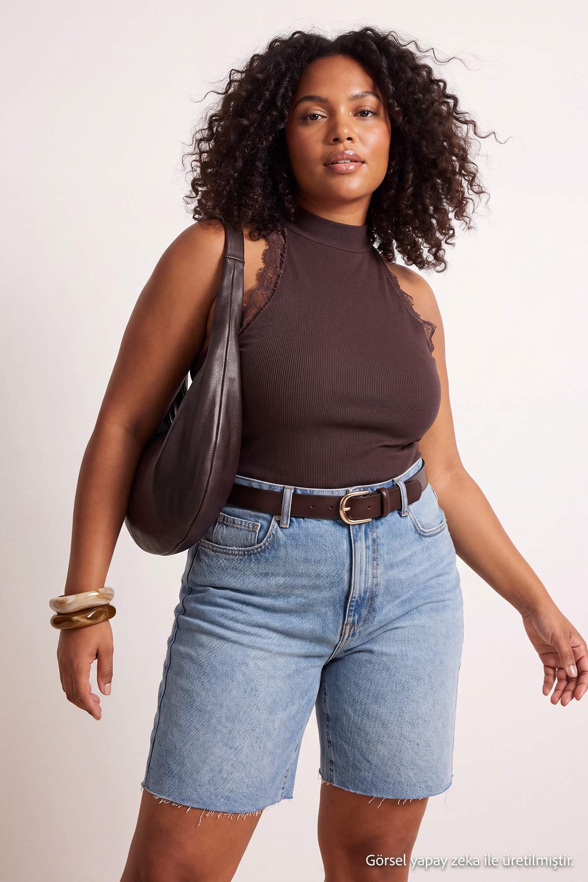 Trendyolmilla Curve Kahverengi Kaşkorse Örme Büyük Beden Bluz