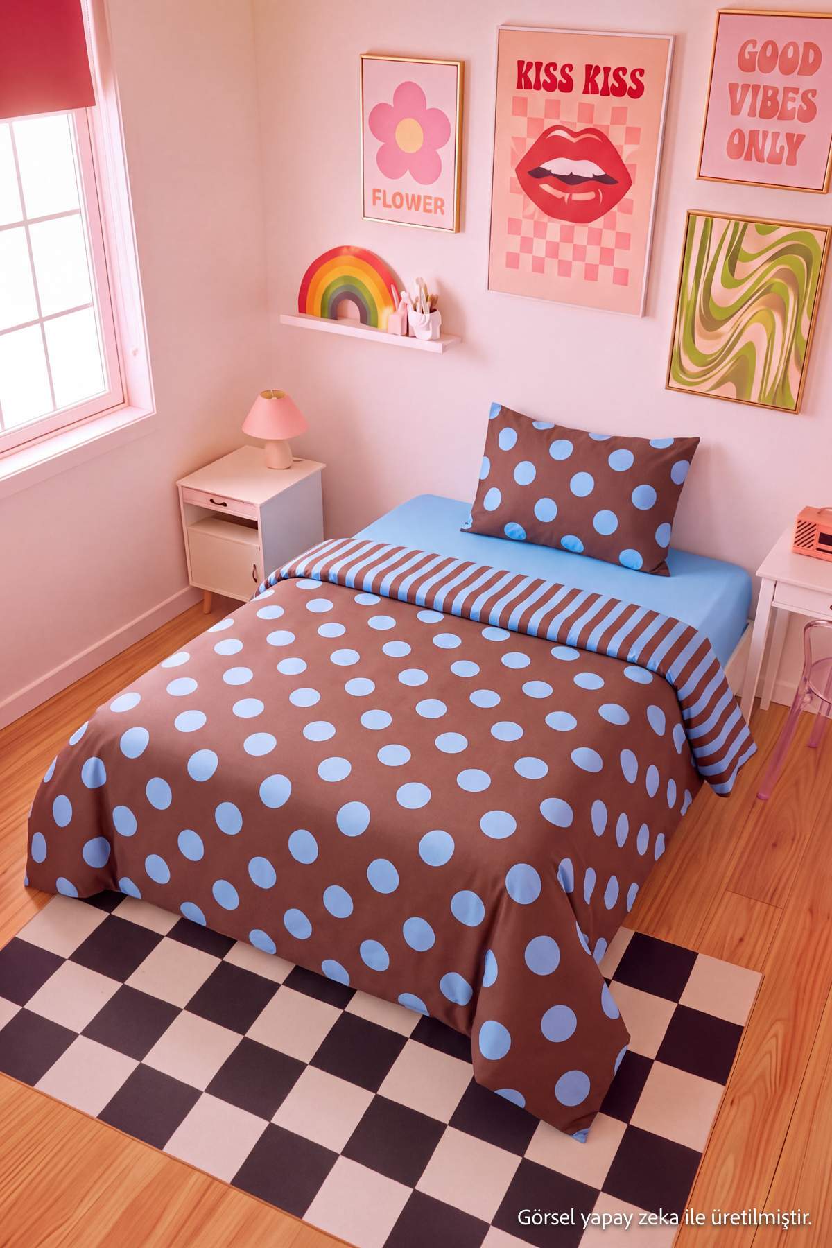 Trendyol Home Single Polka Dot and Striped Double-Sided Elastic Sheet Duvet Cover Set Tphaw27Tkn00004