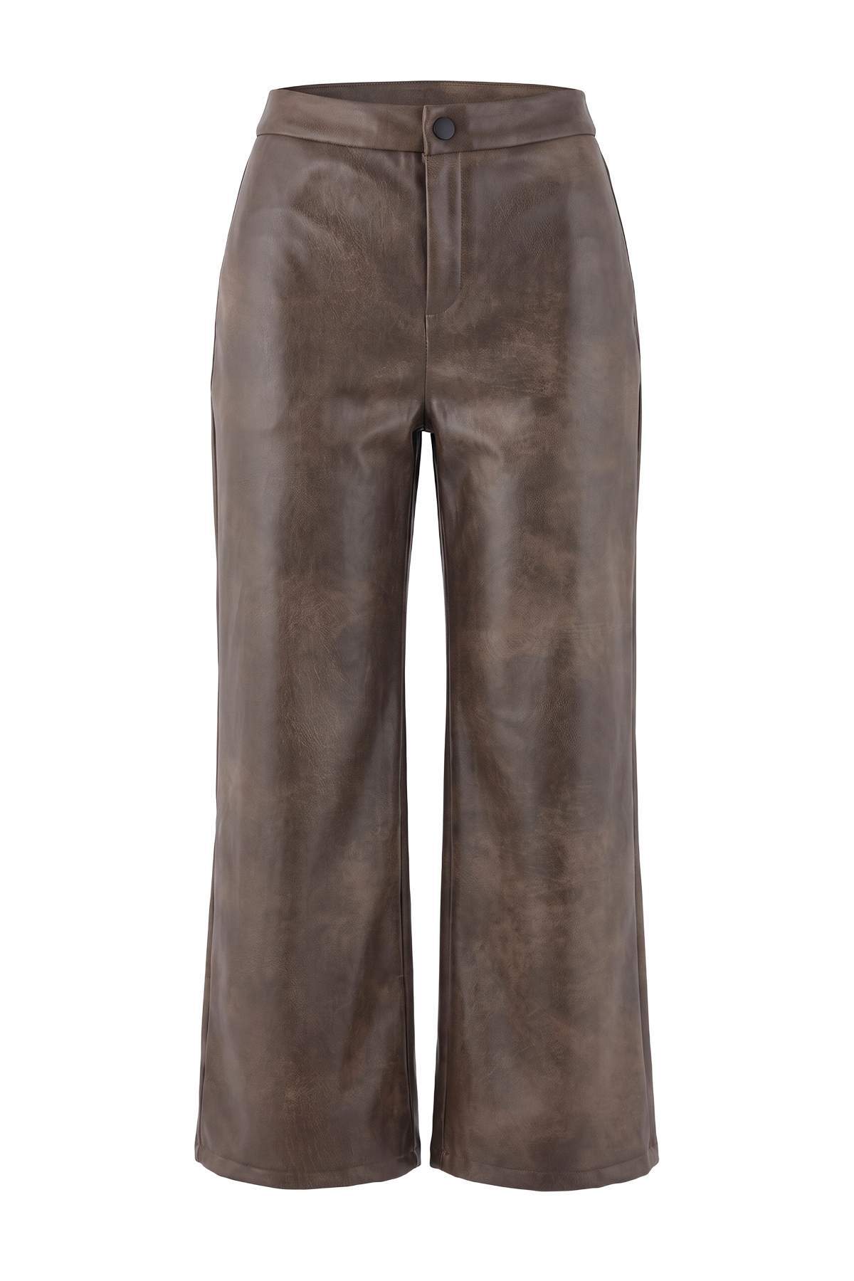 Trendyolmilla Haki Degrade Wide Leg/Geniş Paça Suni Deri Örme Pantolon TWOAW27PL00023